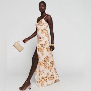 Reformation Pyper Bella Floral Beige V-Neck Front Slit Viscose Maxi Dress EUC 4